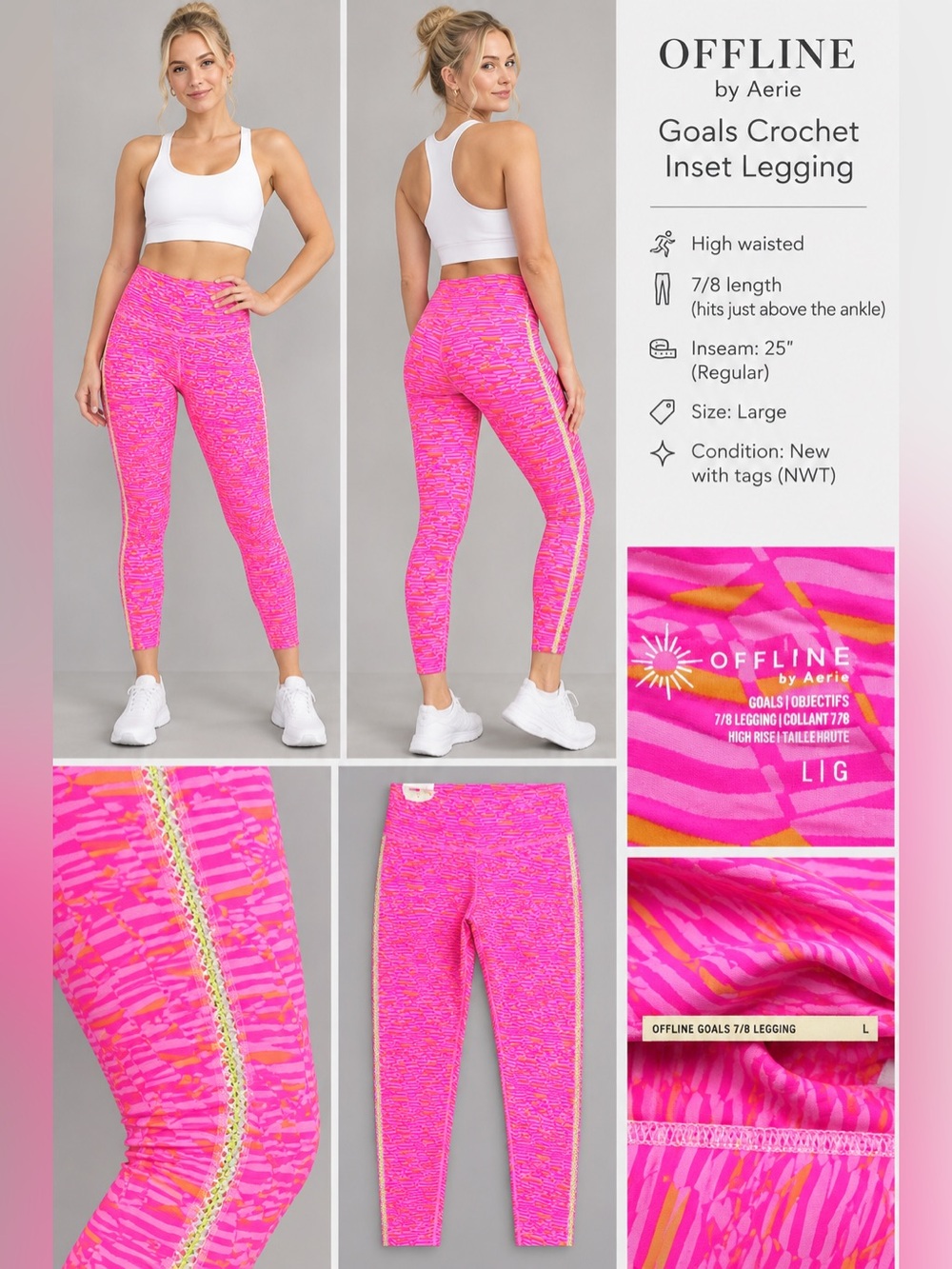 OFFLINE by Aerie Goals Crochet Inset 7/8 Leggings Pink Size L NWT